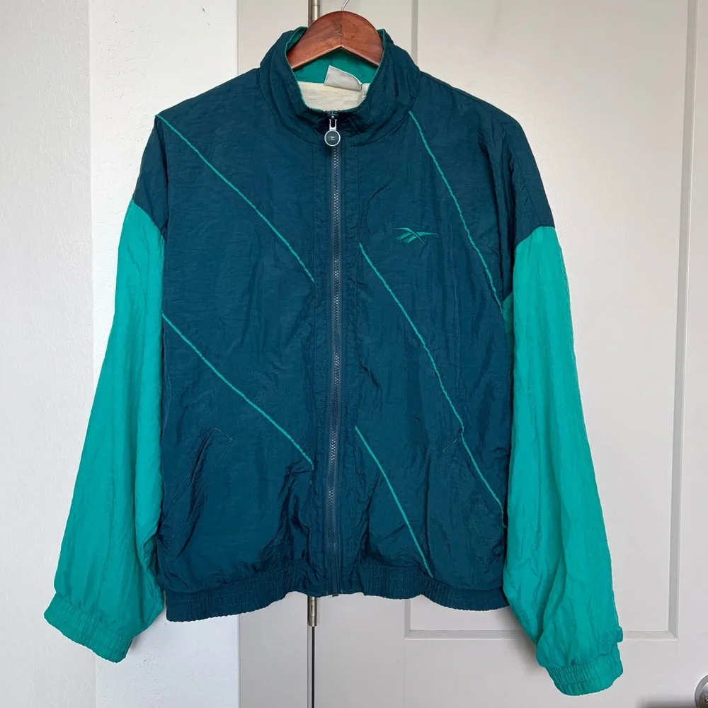 VINTAGE 90S REEBOK BLUE TEAL NYLON FULL ZIL WINDBREAKER MENS XL